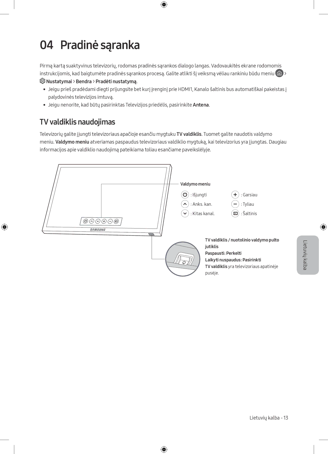 Samsung UE49M5572AUXXH, UE32M5502AKXXH, UE55M5502AKXXH, UE49M5602AKXXH manual Pradinė sąranka, TV valdiklis naudojimas 