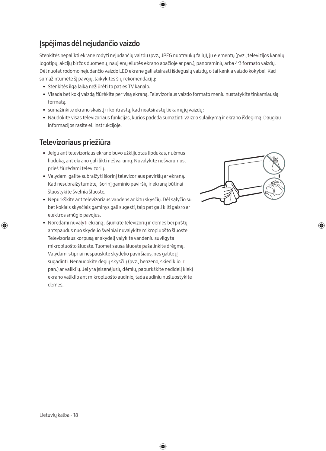 Samsung UE49M5672AUXXH, UE32M5502AKXXH, UE55M5502AKXXH manual Įspėjimas dėl nejudančio vaizdo, Televizoriaus priežiūra 