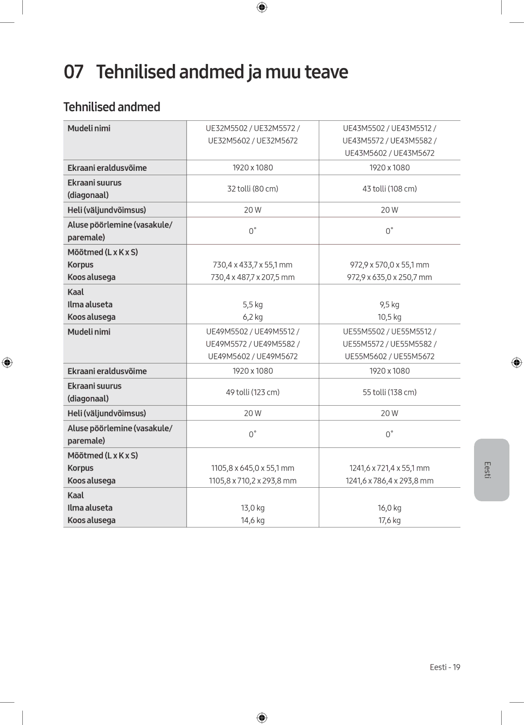 Samsung UE49M5672AUXXH, UE32M5502AKXXH, UE55M5502AKXXH, UE49M5602AKXXH, UE49M5582AUXXH manual Tehnilised andmed ja muu teave 