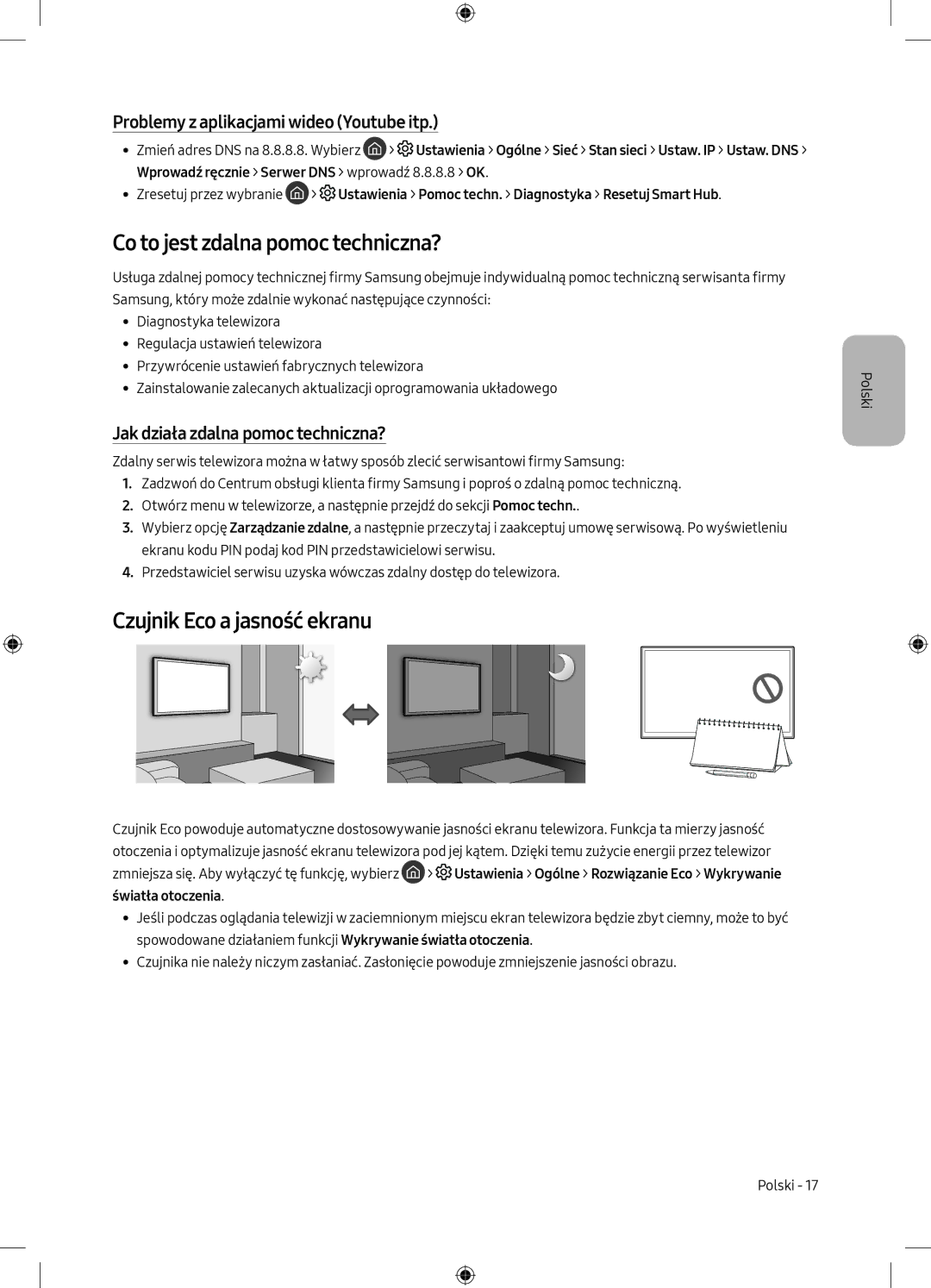 Samsung UE55M5502AKXXH, UE32M5502AKXXH, UE49M5602AKXXH Co to jest zdalna pomoc techniczna?, Czujnik Eco a jasność ekranu 