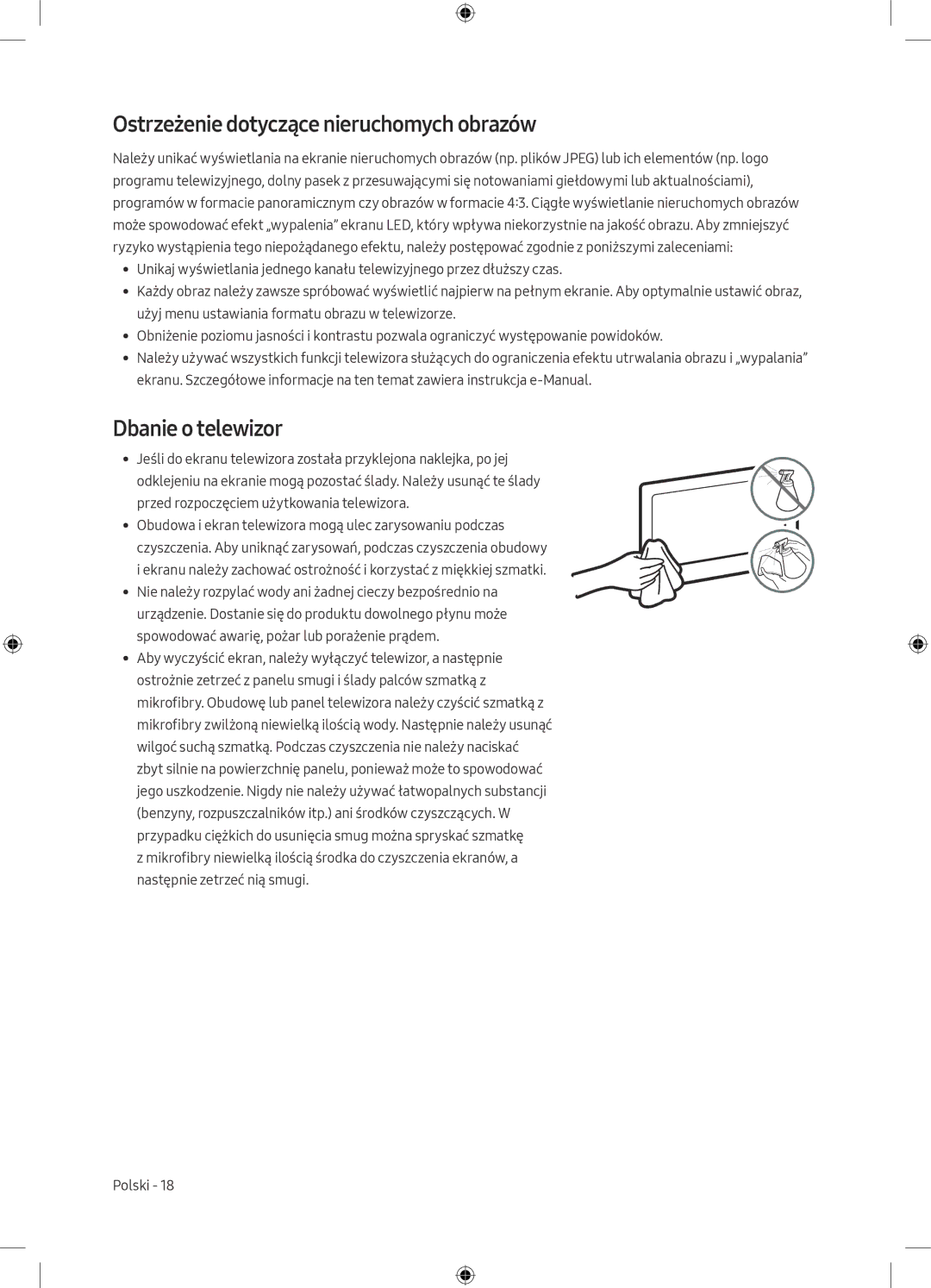 Samsung UE49M5602AKXXH, UE32M5502AKXXH, UE55M5502AKXXH manual Ostrzeżenie dotyczące nieruchomych obrazów, Dbanie o telewizor 