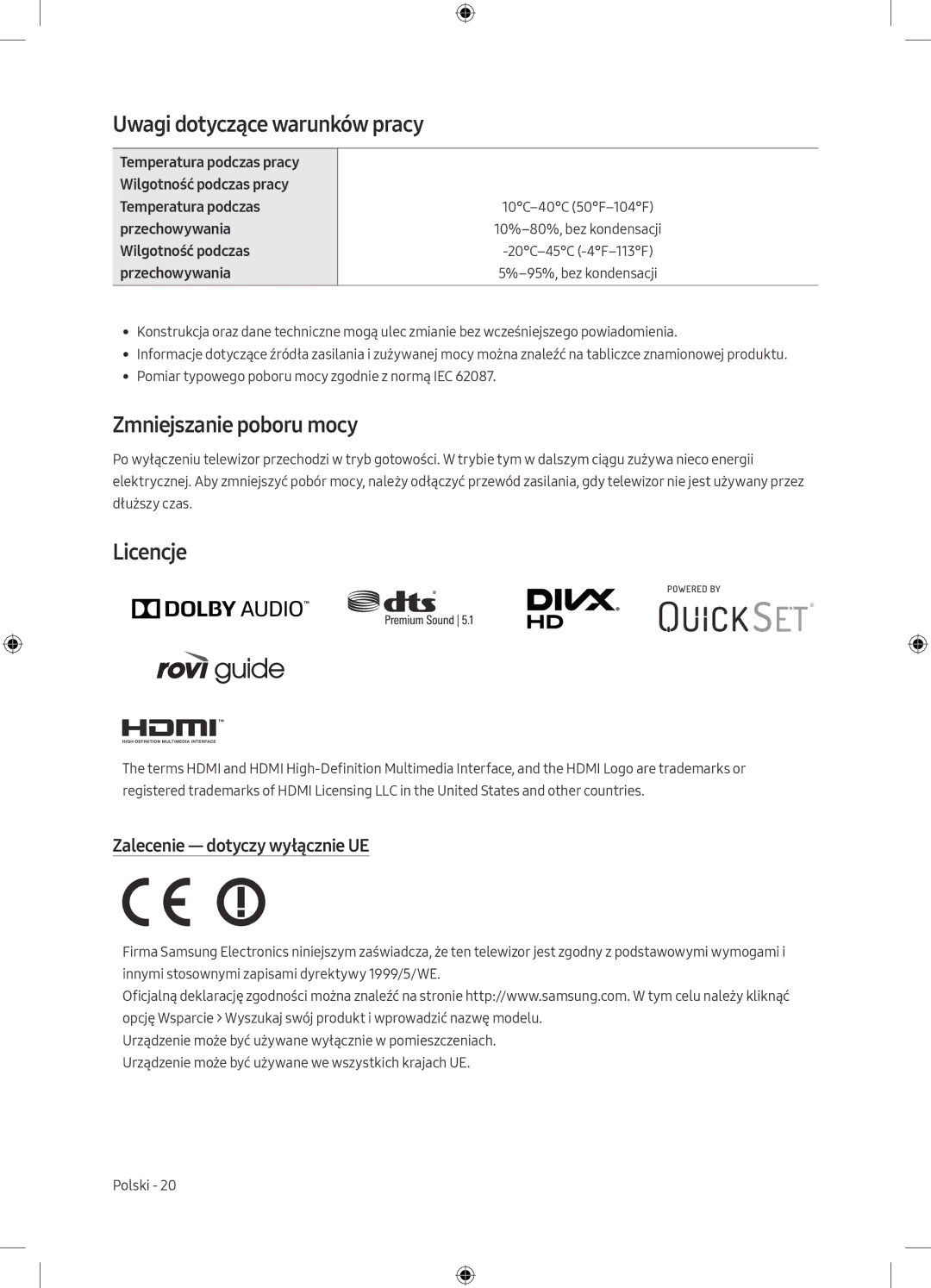 Samsung UE49M5672AUXXH Uwagi dotyczące warunków pracy, Zmniejszanie poboru mocy, Licencje, Zalecenie dotyczy wyłącznie UE 