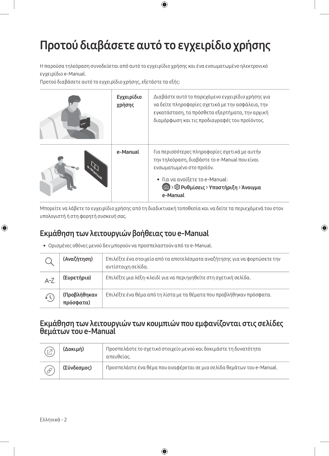 Samsung UE49M5572AUXXH manual Προτού διαβάσετε αυτό το εγχειρίδιο χρήσης, Εκμάθηση των λειτουργιών βοήθειας του e-Manual 