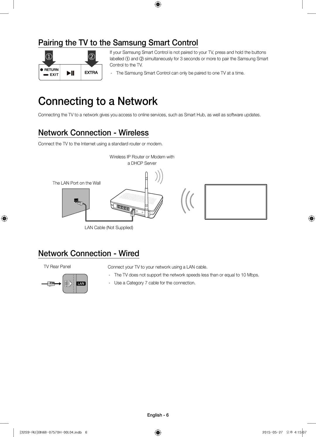 Samsung UE32S9AUXRU Connecting to a Network, Pairing the TV to the Samsung Smart Control, Network Connection Wireless 