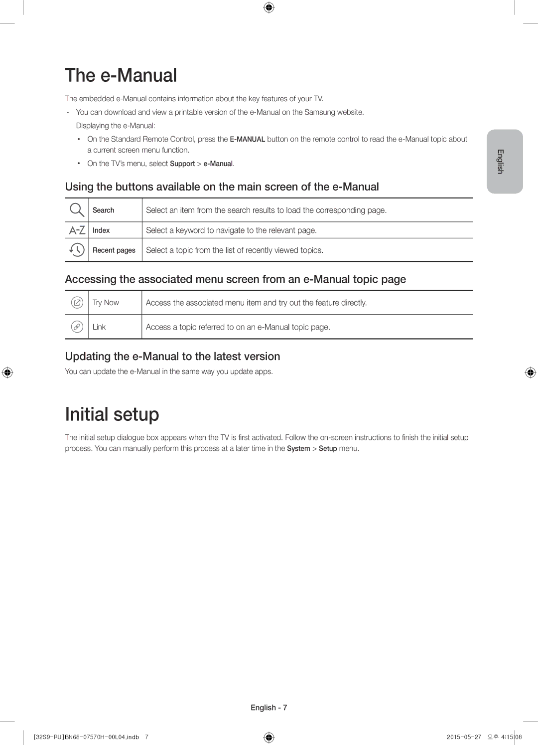 Samsung UE32S9AUXRU manual E-Manual, Initial setup, Accessing the associated menu screen from an e-Manual topic 