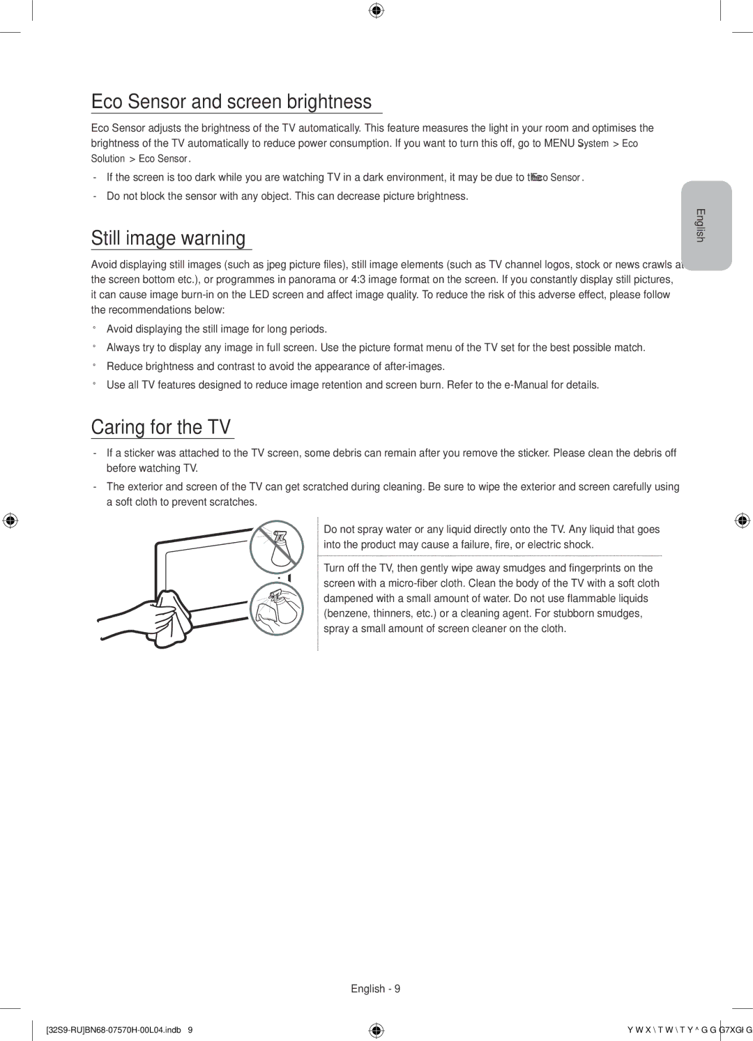 Samsung UE32S9AUXRU manual Eco Sensor and screen brightness, Still image warning, Caring for the TV 