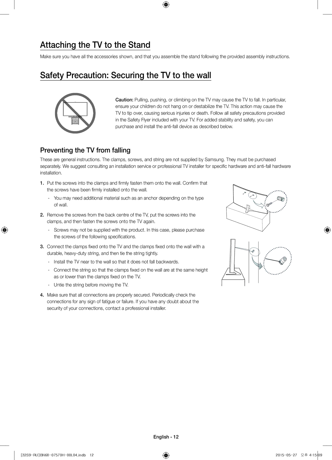 Samsung UE32S9AUXRU manual Attaching the TV to the Stand, Safety Precaution Securing the TV to the wall 