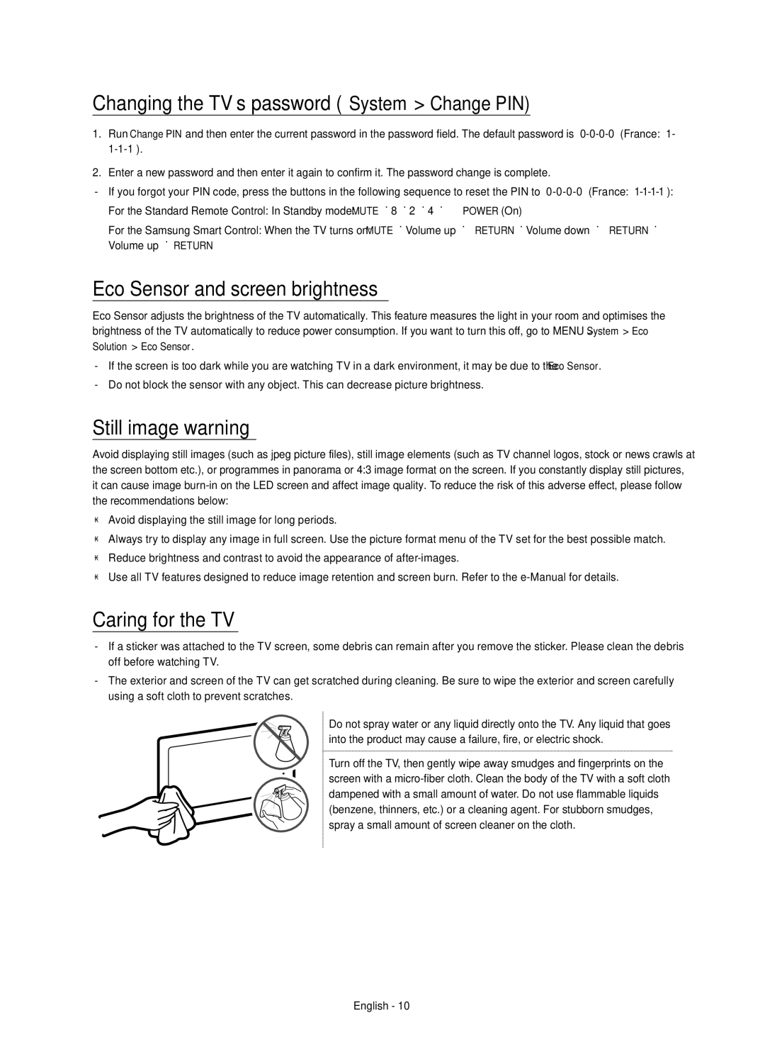 Samsung UE32S9AUXZG Changing the TV’s password System Change PIN, Eco Sensor and screen brightness, Still image warning 