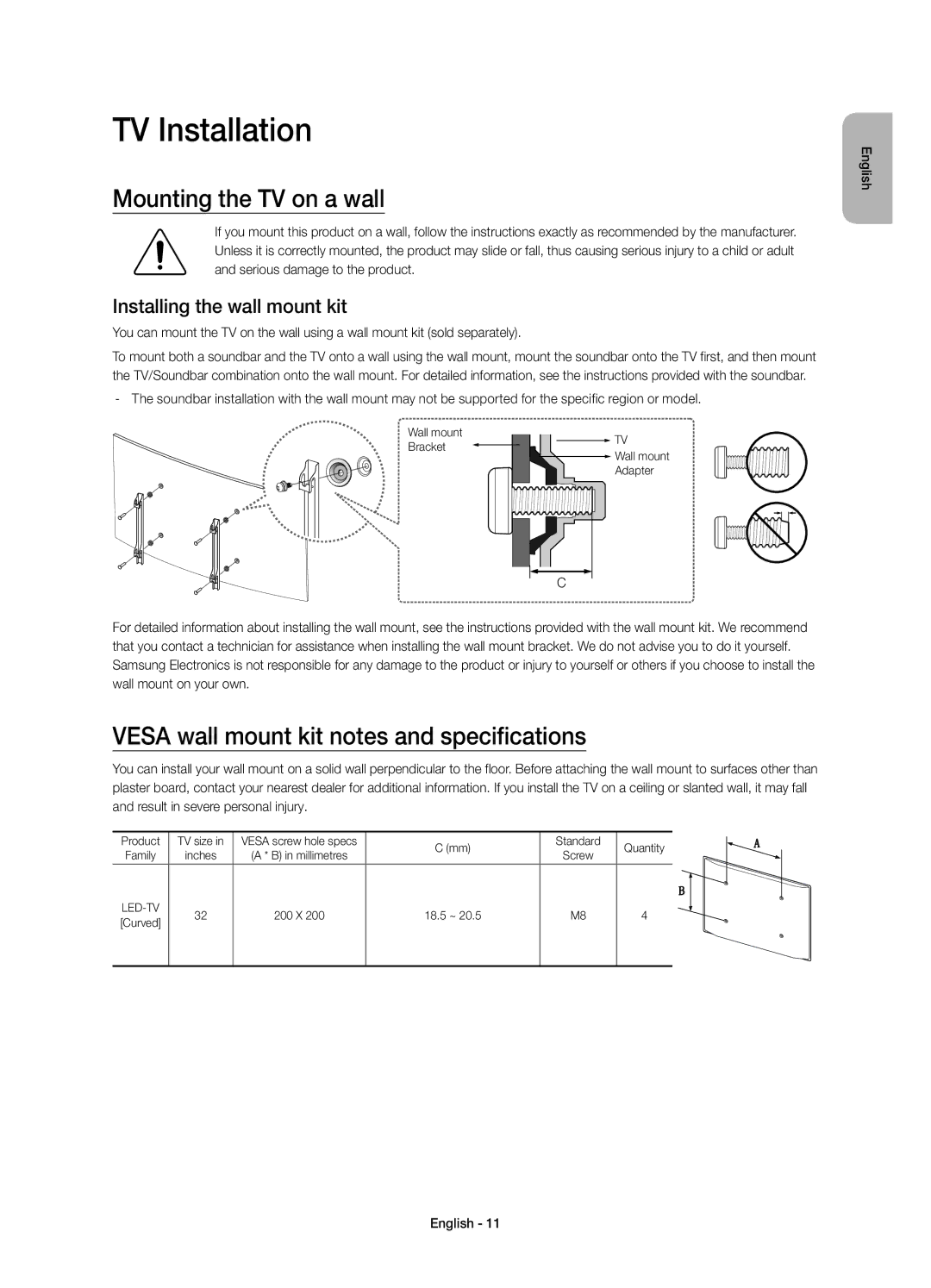 Samsung UE32S9AUXXC, UE32S9AUXZG TV Installation, Mounting the TV on a wall, Vesa wall mount kit notes and specifications 