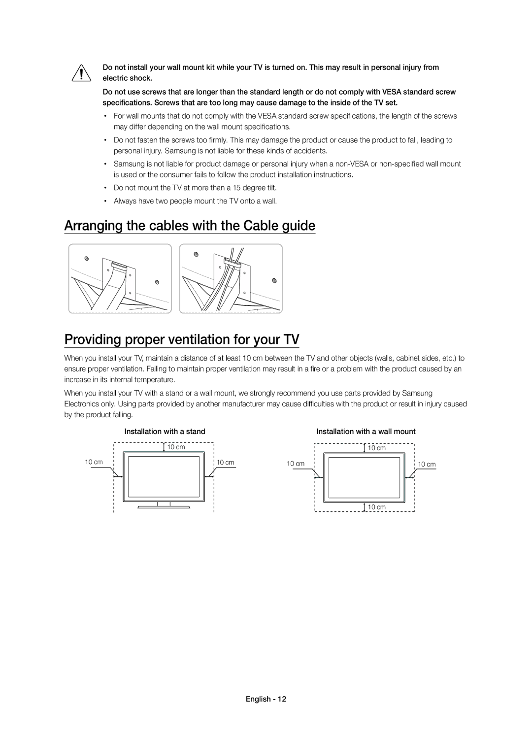 Samsung UE32S9AUXXN, UE32S9AUXZG, UE32S9AUXXC, UE32S9AUXXU, UE32S9AUXXE manual Installation with a wall mount 