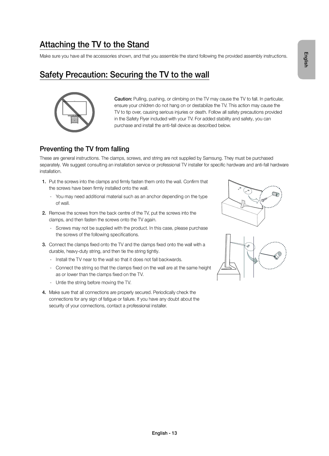 Samsung UE32S9AUXXU, UE32S9AUXZG, UE32S9AUXXC Attaching the TV to the Stand, Safety Precaution Securing the TV to the wall 