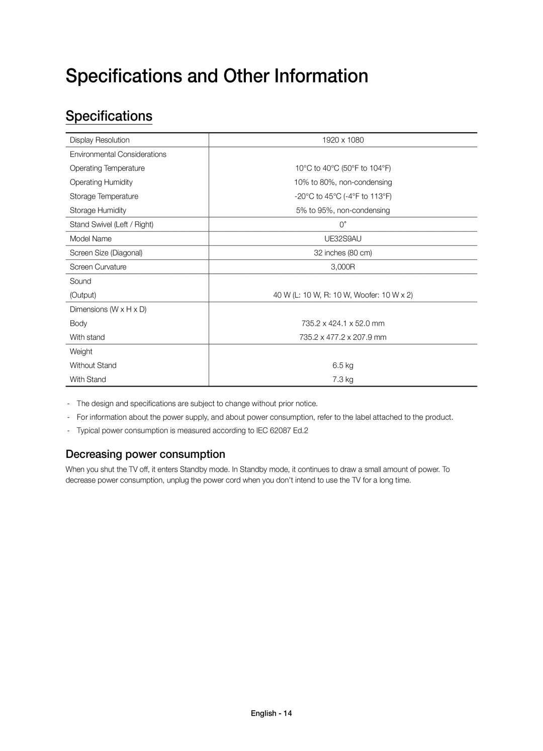 Samsung UE32S9AUXXE, UE32S9AUXZG, UE32S9AUXXC manual Specifications and Other Information, Decreasing power consumption 