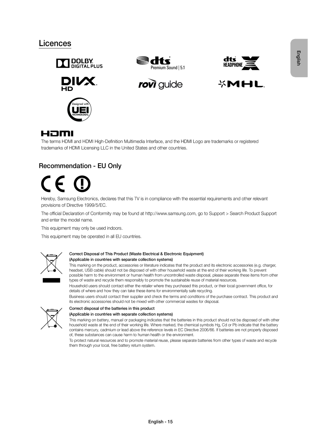 Samsung UE32S9AUXZG, UE32S9AUXXC, UE32S9AUXXN, UE32S9AUXXU, UE32S9AUXXE manual Licences, Recommendation EU Only 