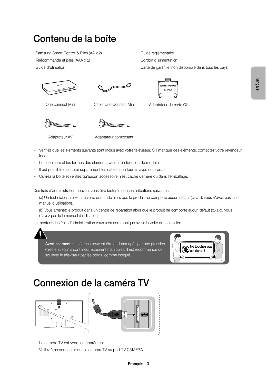 Samsung UE32S9AUXXN, UE32S9AUXZG Contenu de la boîte, Connexion de la caméra TV, One connect Mini Câble One Connect Mini 