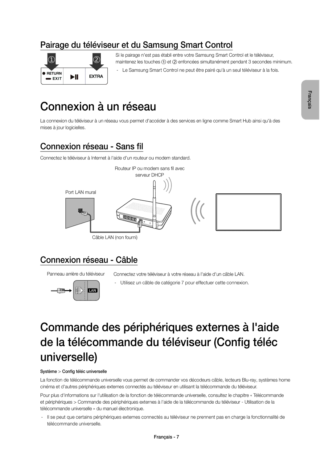 Samsung UE32S9AUXXC Connexion à un réseau, Pairage du téléviseur et du Samsung Smart Control, Connexion réseau Sans fil 