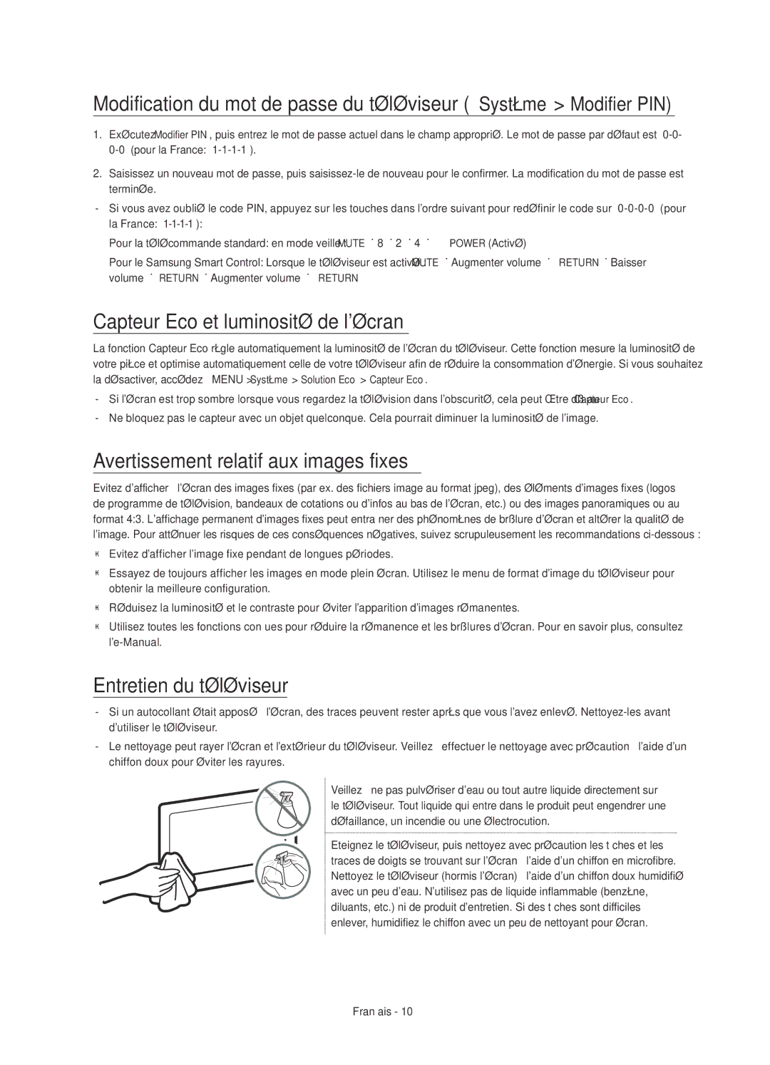 Samsung UE32S9AUXXE Capteur Eco et luminosité de lécran, Avertissement relatif aux images fixes, Entretien du téléviseur 