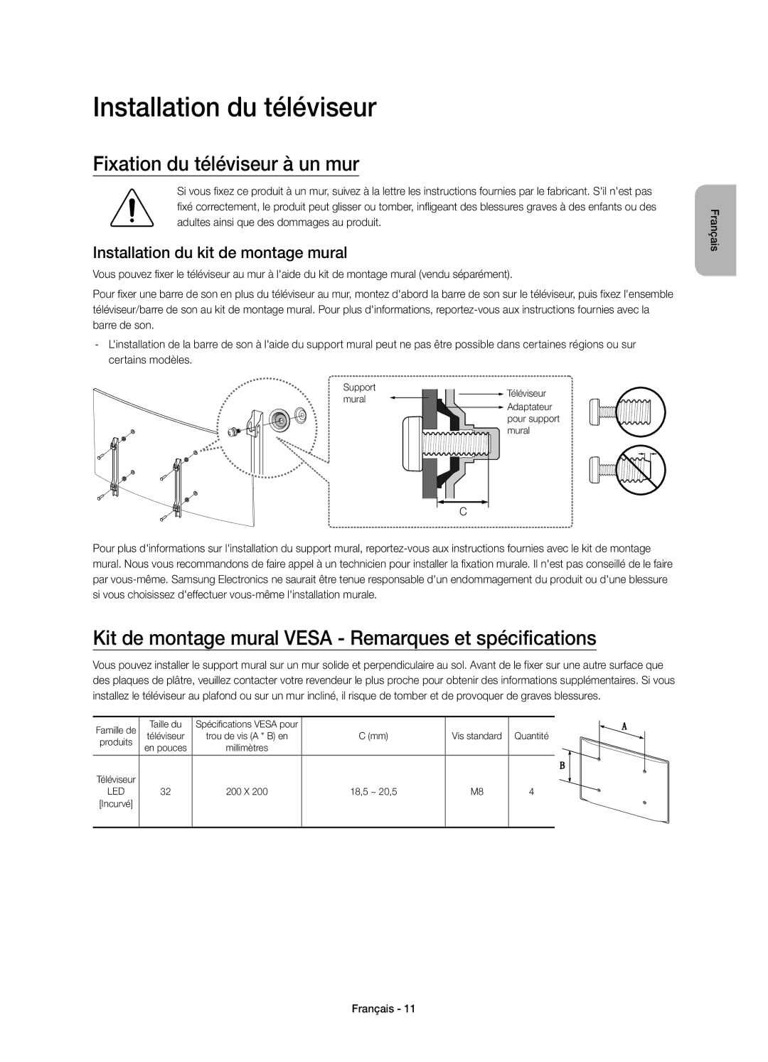 Samsung UE32S9AUXZG Installation du téléviseur, Fixation du téléviseur à un mur, Installation du kit de montage mural 