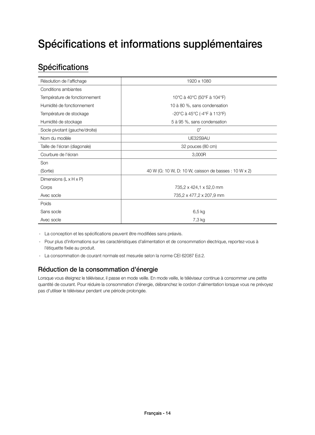 Samsung UE32S9AUXXU, UE32S9AUXZG Spécifications et informations supplémentaires, Réduction de la consommation dénergie 