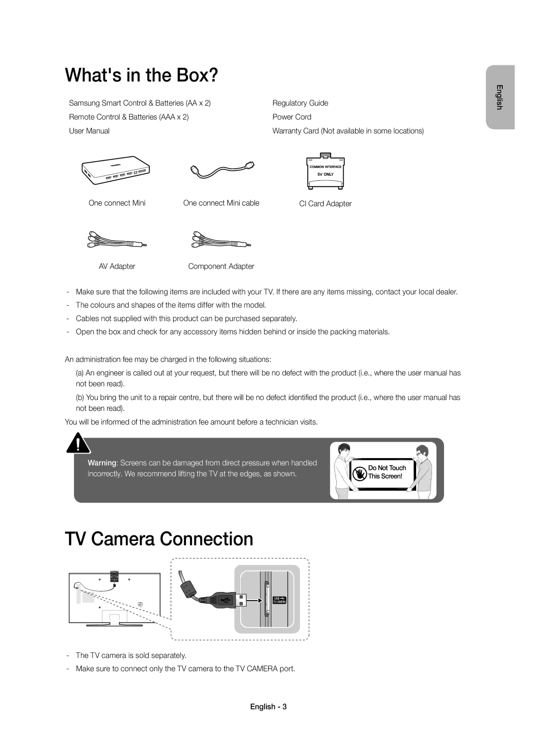 Samsung UE32S9AUXXU, UE32S9AUXZG manual Whats in the Box?, TV Camera Connection, One connect Mini One connect Mini cable 