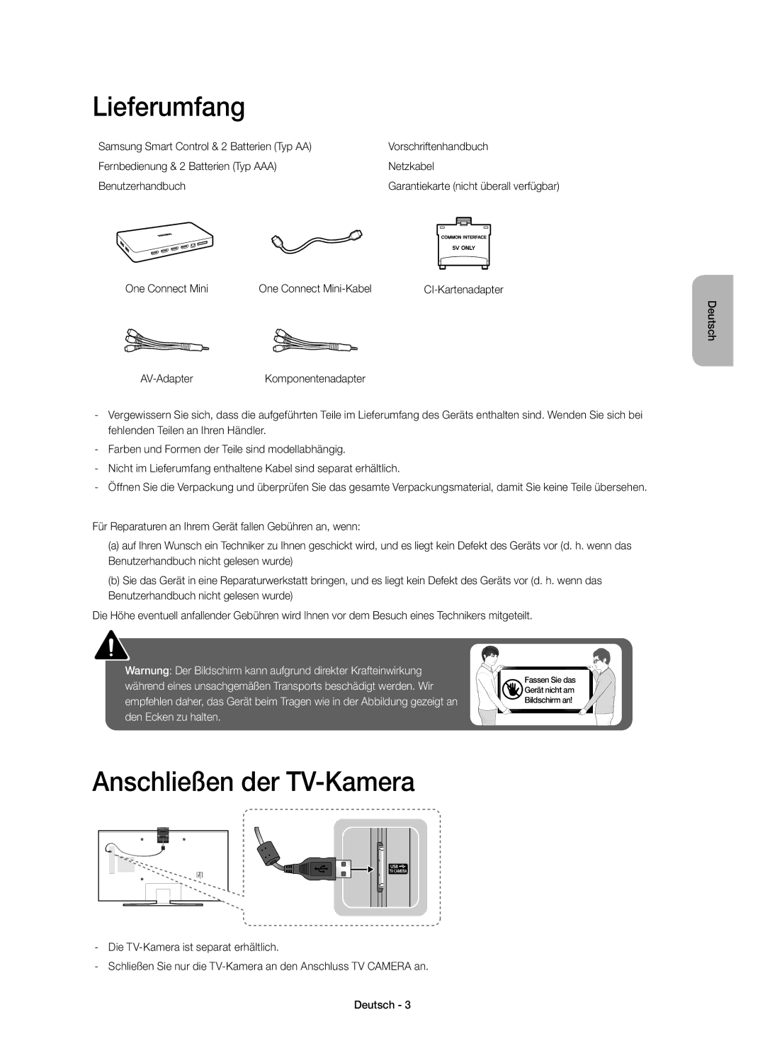 Samsung UE32S9AUXXC, UE32S9AUXZG manual Lieferumfang, Anschließen der TV-Kamera, One Connect Mini One Connect Mini-Kabel 