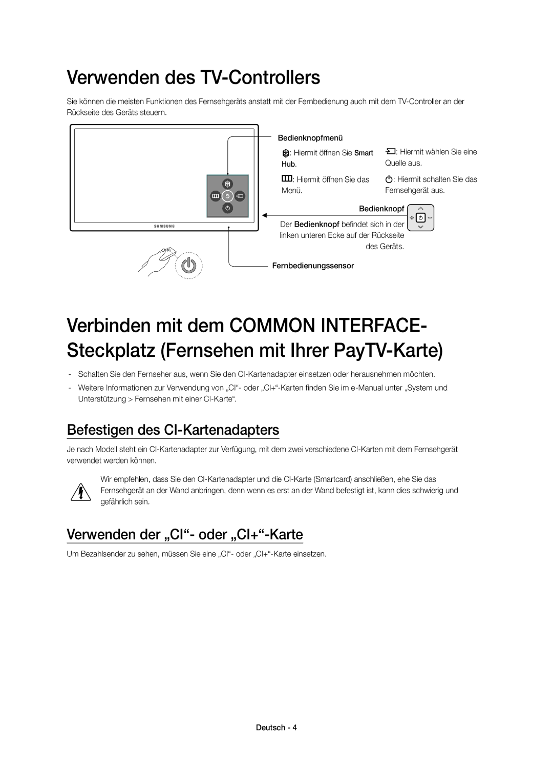 Samsung UE32S9AUXXN Verwenden des TV-Controllers, Befestigen des CI-Kartenadapters, Verwenden der „CI- oder „CI+-Karte 