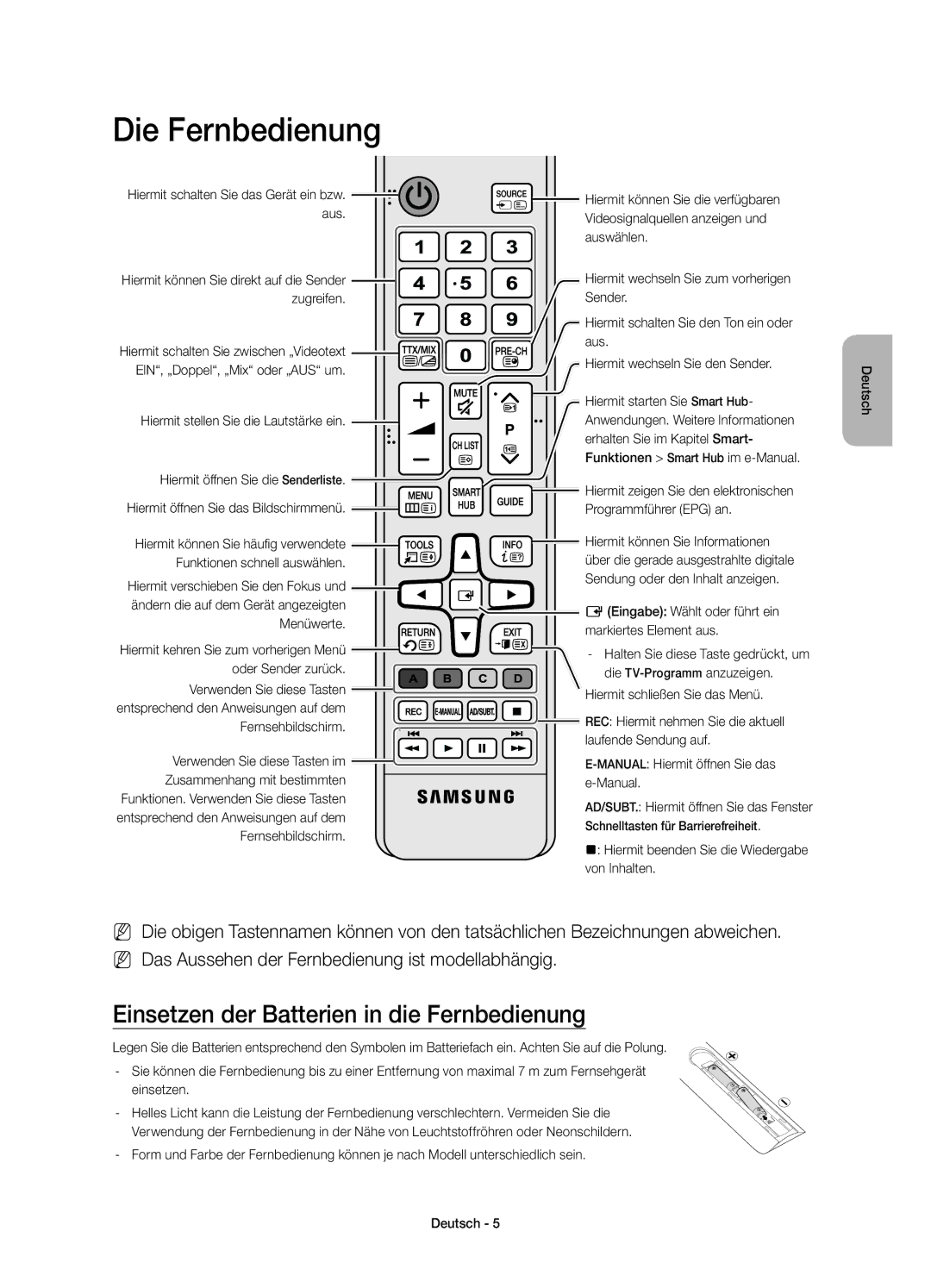 Samsung UE32S9AUXXU, UE32S9AUXZG, UE32S9AUXXC, UE32S9AUXXN Die Fernbedienung, Einsetzen der Batterien in die Fernbedienung 