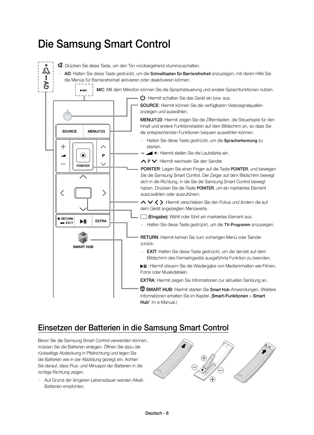 Samsung UE32S9AUXXE, UE32S9AUXZG manual Die Samsung Smart Control, Einsetzen der Batterien in die Samsung Smart Control 