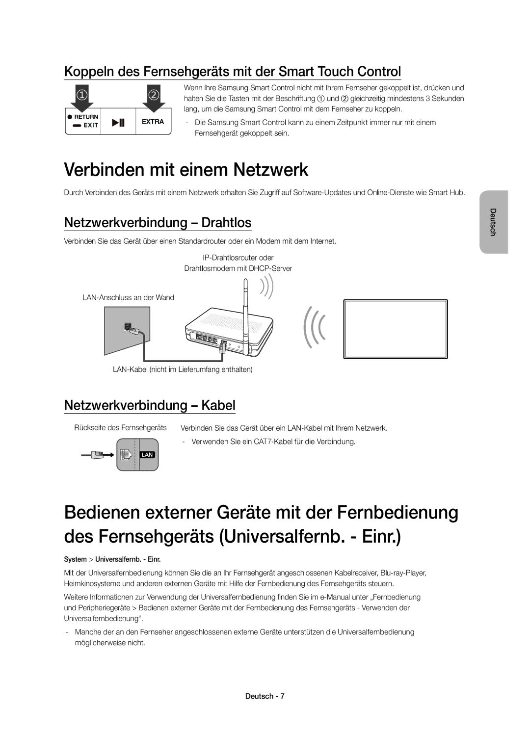 Samsung UE32S9AUXZG, UE32S9AUXXC manual Verbinden mit einem Netzwerk, Koppeln des Fernsehgeräts mit der Smart Touch Control 