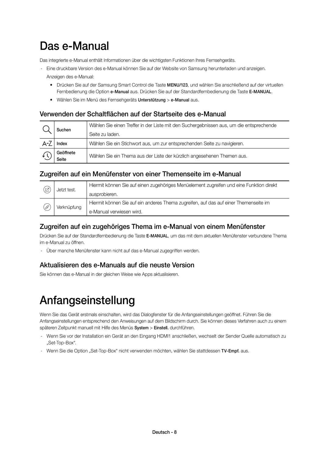 Samsung UE32S9AUXXC manual Das e-Manual, Anfangseinstellung, Verwenden der Schaltflächen auf der Startseite des e-Manual 