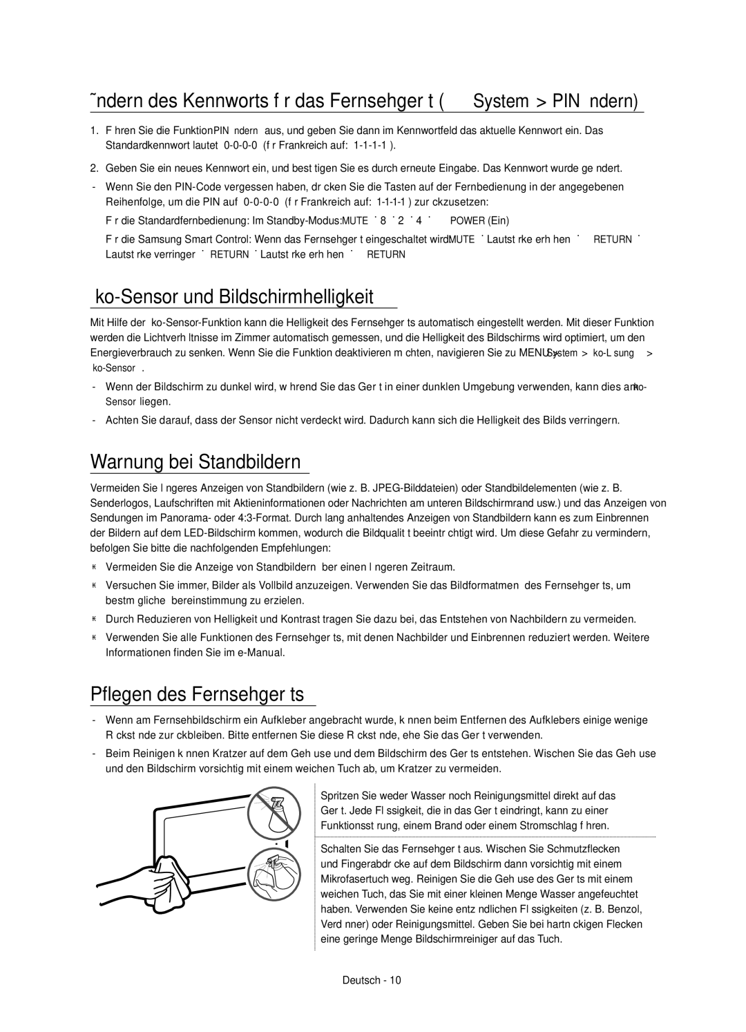 Samsung UE32S9AUXXU manual Ändern des Kennworts für das Fernsehgerät System PIN ändern, Öko-Sensor und Bildschirmhelligkeit 