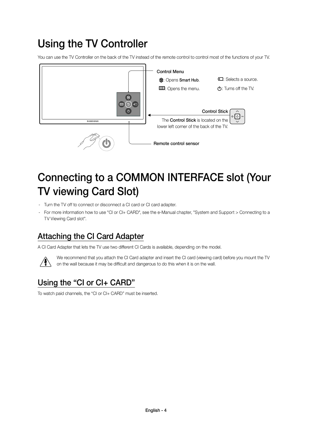 Samsung UE32S9AUXXE, UE32S9AUXZG manual Using the TV Controller, Attaching the CI Card Adapter, Using the CI or CI+ Card 