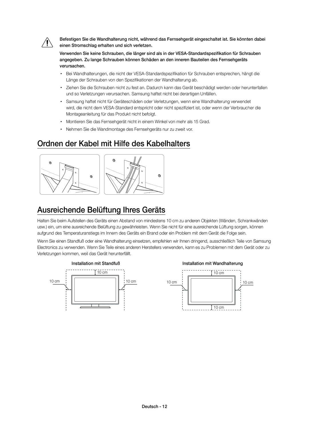 Samsung UE32S9AUXZG, UE32S9AUXXC, UE32S9AUXXN, UE32S9AUXXU, UE32S9AUXXE manual Installation mit Wandhalterung 