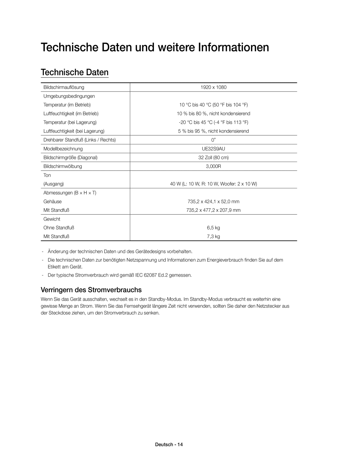 Samsung UE32S9AUXXN, UE32S9AUXZG, UE32S9AUXXC Technische Daten und weitere Informationen, Verringern des Stromverbrauchs 