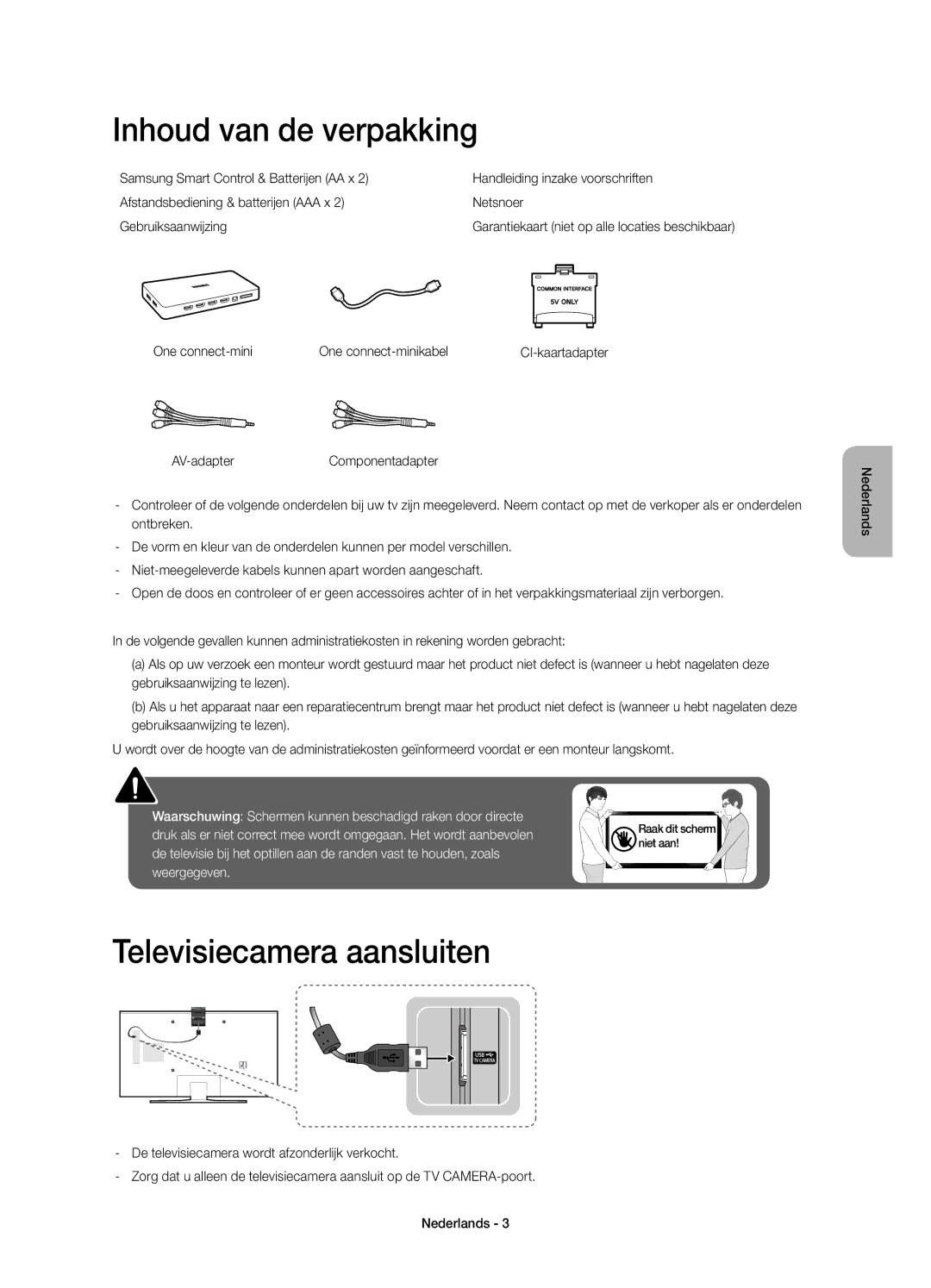 Samsung UE32S9AUXZG manual Inhoud van de verpakking, Televisiecamera aansluiten, One connect-mini One connect-minikabel 