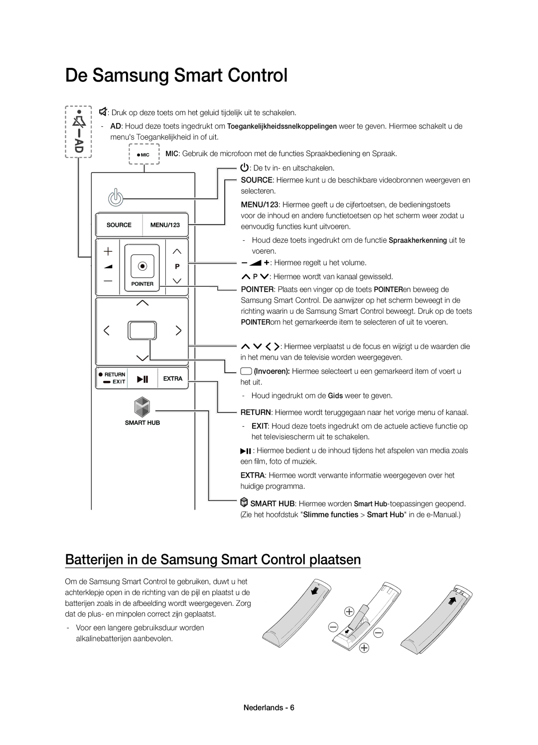 Samsung UE32S9AUXXU, UE32S9AUXZG, UE32S9AUXXC De Samsung Smart Control, Batterijen in de Samsung Smart Control plaatsen 