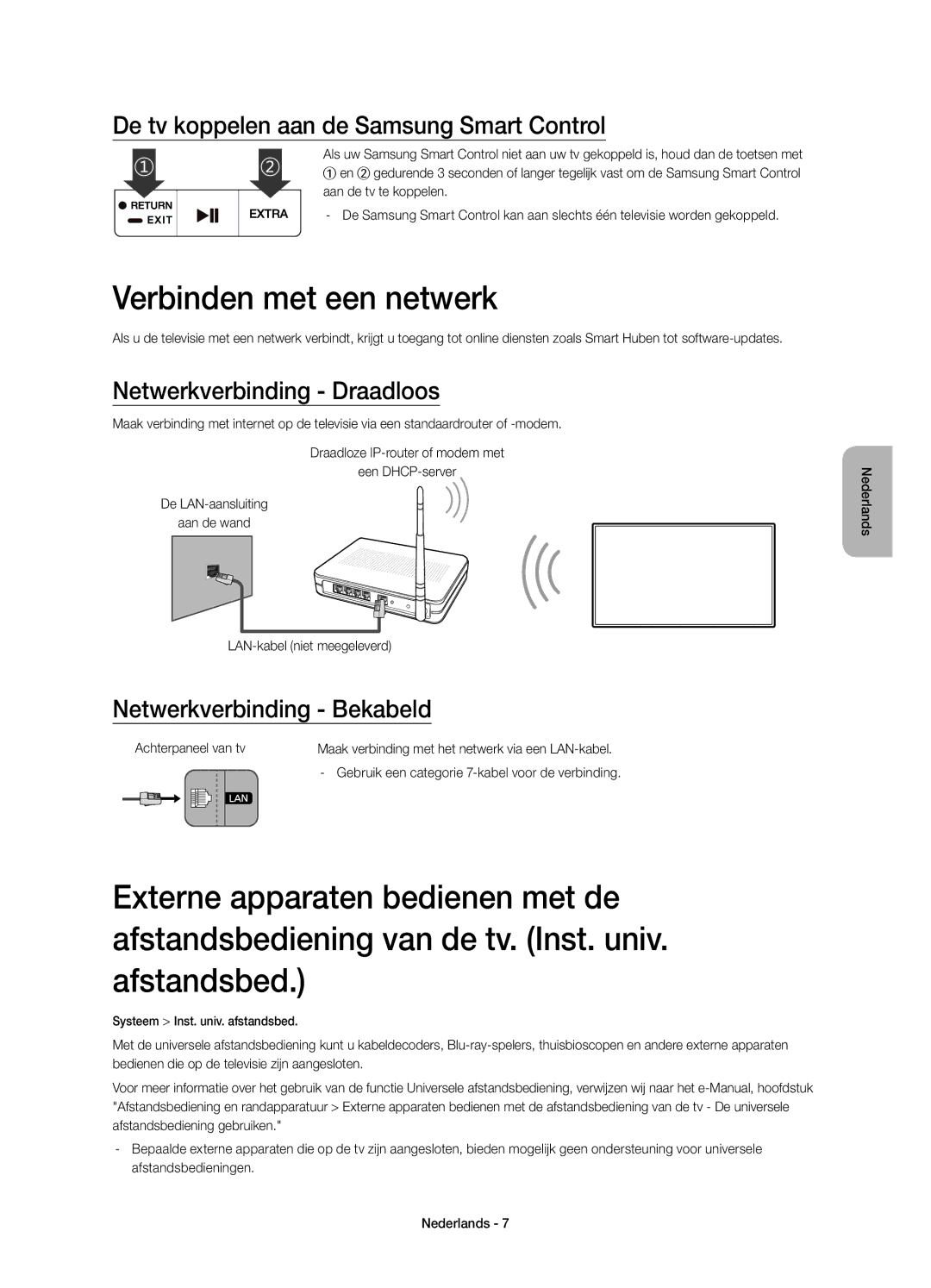 Samsung UE32S9AUXXE Verbinden met een netwerk, De tv koppelen aan de Samsung Smart Control, Netwerkverbinding Draadloos 