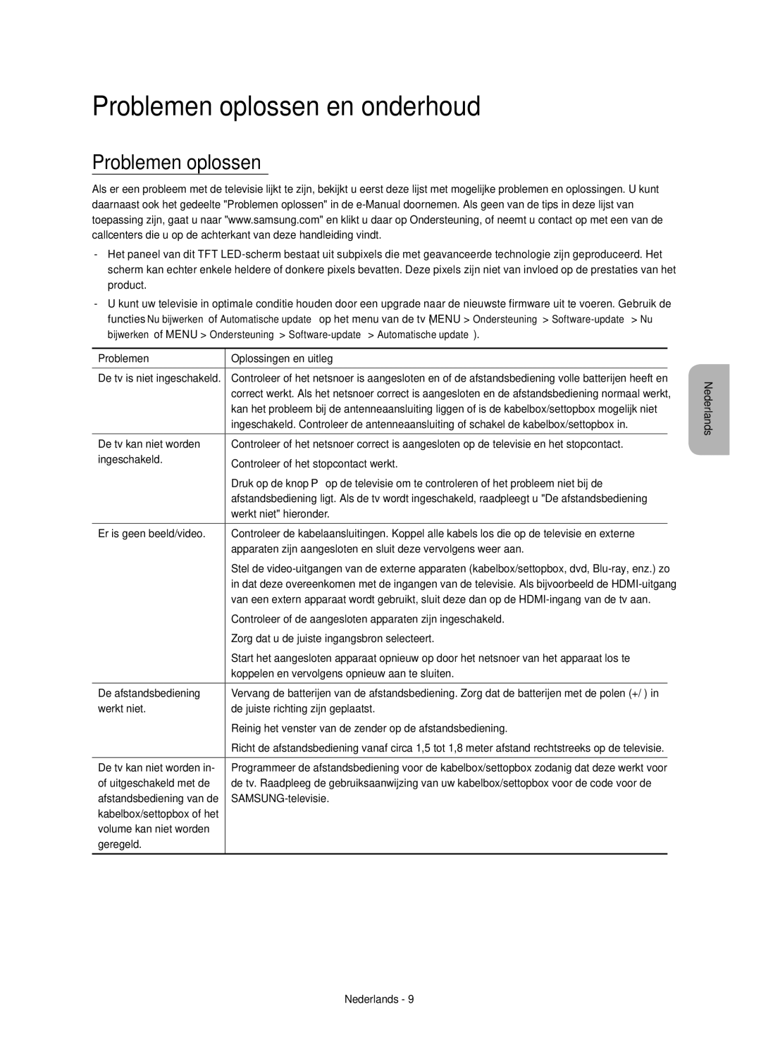 Samsung UE32S9AUXXC, UE32S9AUXZG, UE32S9AUXXN, UE32S9AUXXU, UE32S9AUXXE manual Problemen oplossen en onderhoud 