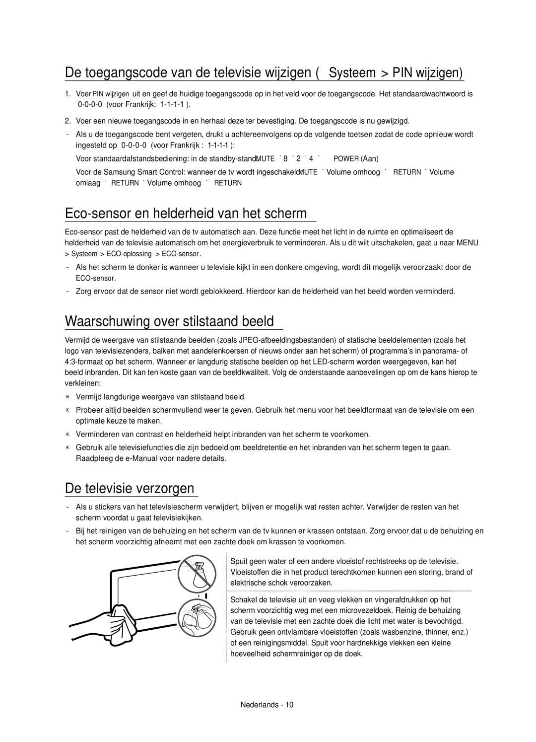 Samsung UE32S9AUXXN Eco-sensor en helderheid van het scherm, Waarschuwing over stilstaand beeld, De televisie verzorgen 