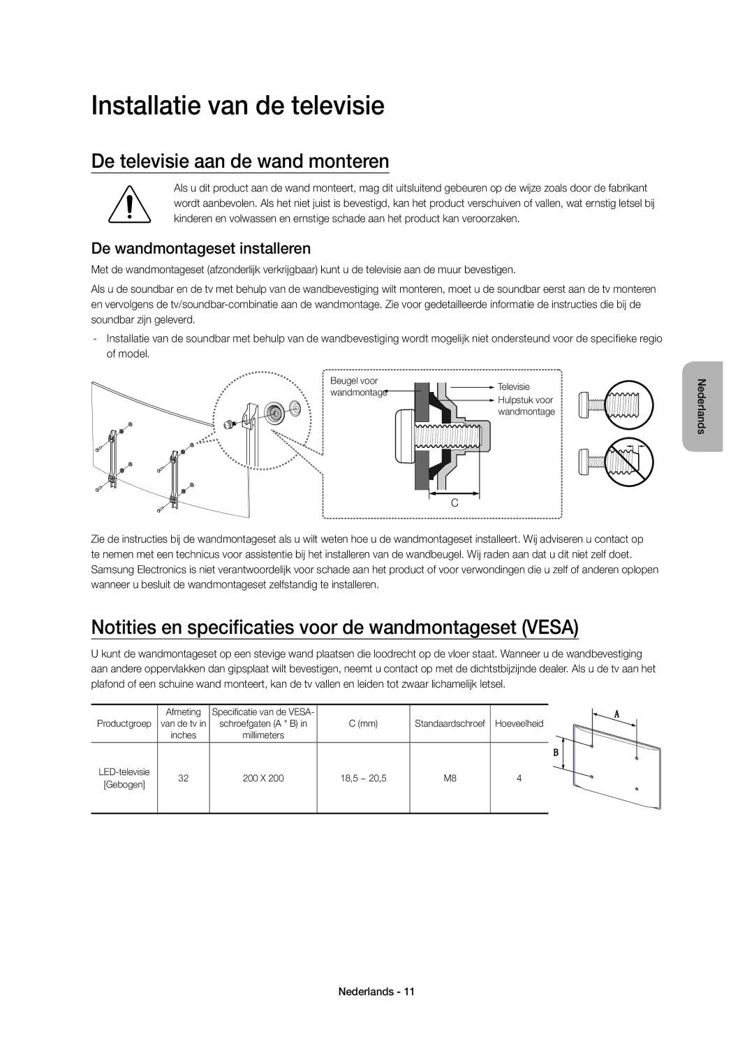 Samsung UE32S9AUXXU manual Installatie van de televisie, De televisie aan de wand monteren, De wandmontageset installeren 