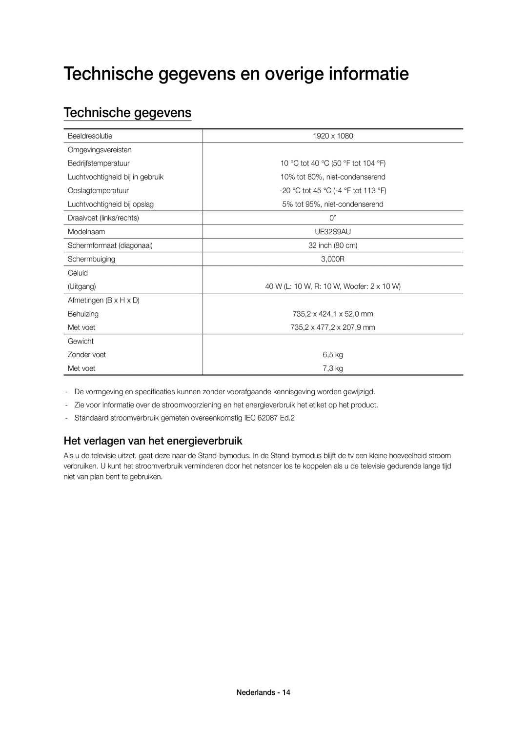 Samsung UE32S9AUXXC, UE32S9AUXZG manual Technische gegevens en overige informatie, Het verlagen van het energieverbruik 