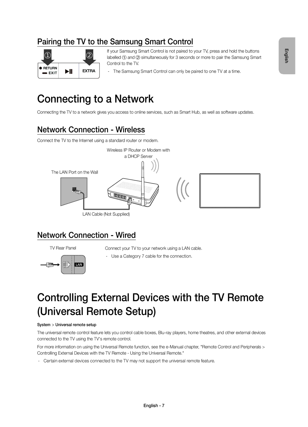 Samsung UE32S9AUXXN Connecting to a Network, Pairing the TV to the Samsung Smart Control, Network Connection Wireless 