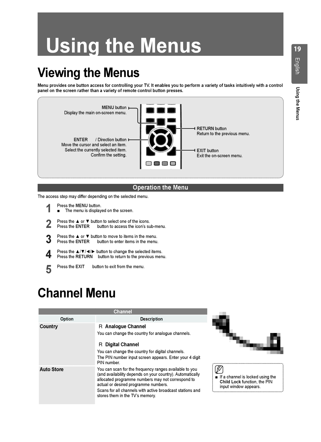 Samsung UE37B6000VWXXH, UE37B6000VWXXC manual Viewing the Menus, Channel Menu, Operation the Menu 