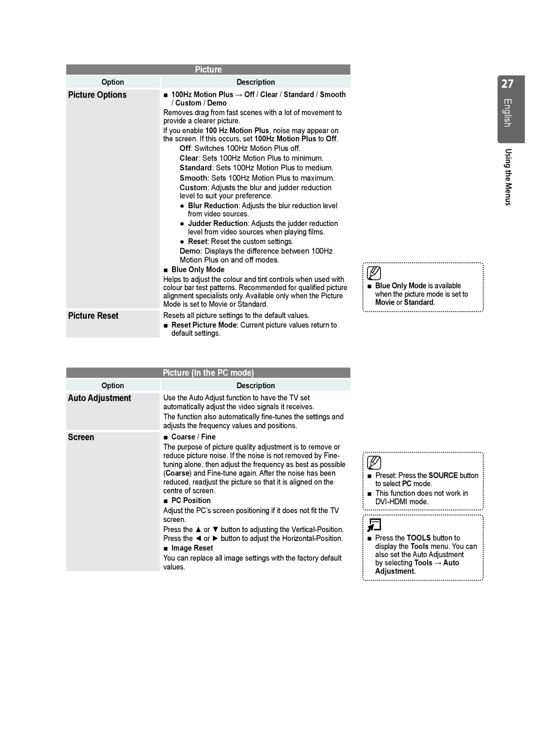 Samsung UE37B6000VWXXH, UE37B6000VWXXC manual Picture Reset, Auto Adjustment, Screen 