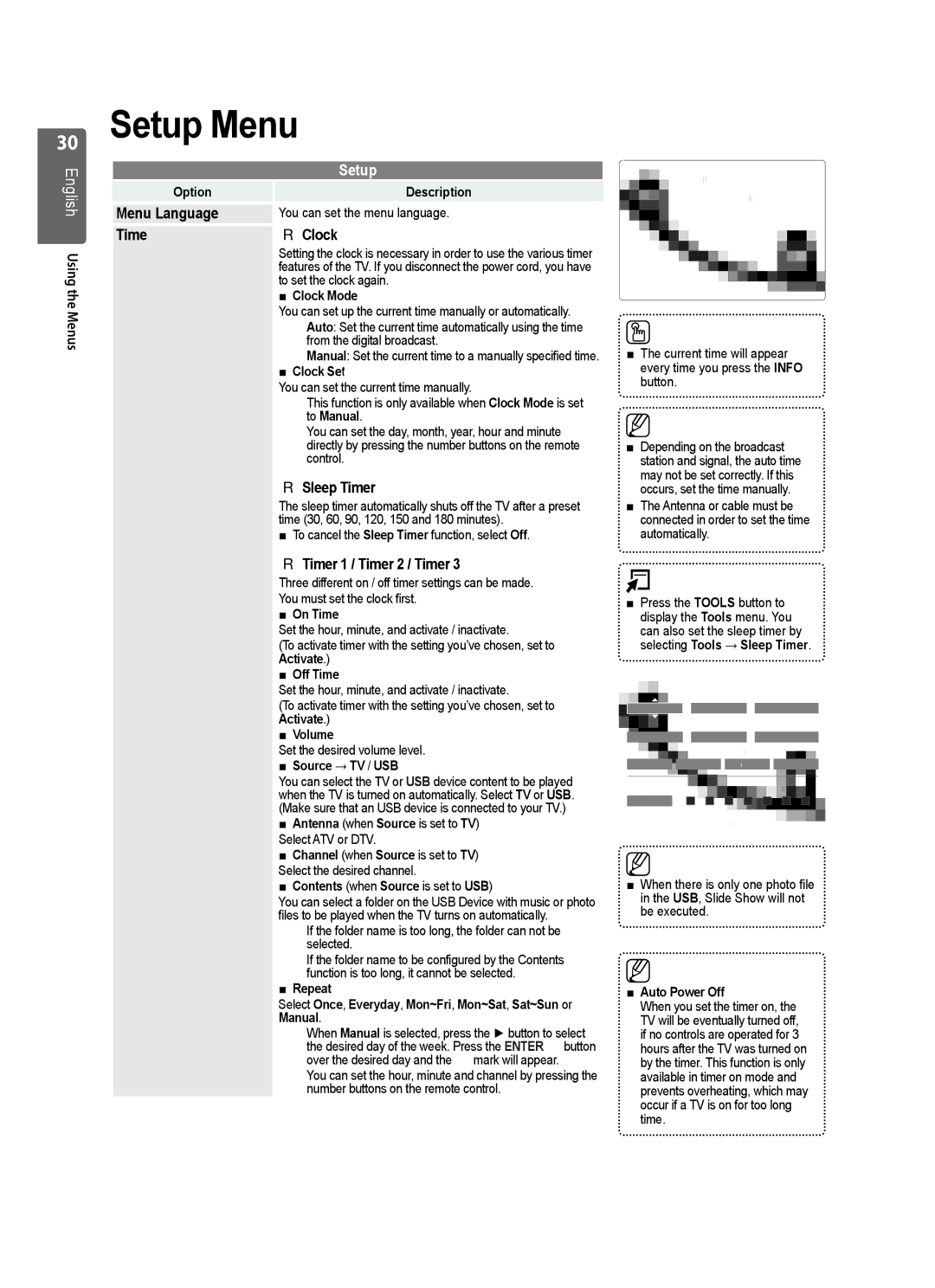 Samsung UE37B6000VWXXC, UE37B6000VWXXH manual Setup Menu, Menu Language, Time Clock, Sleep Timer, Timer 1 / Timer 2 / Timer 