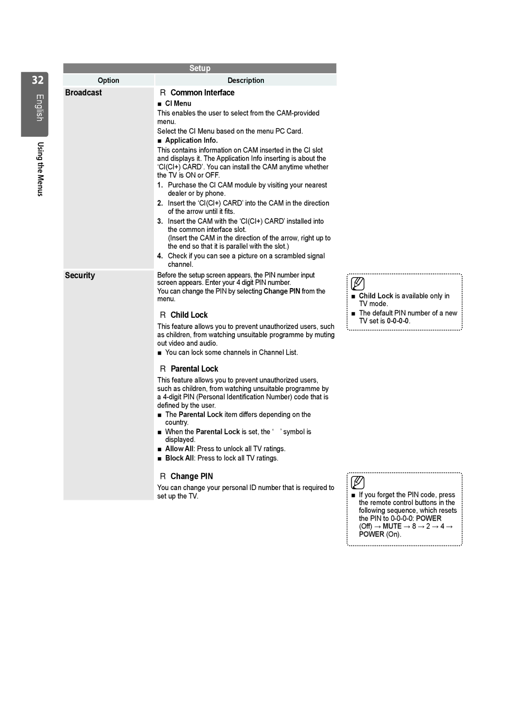 Samsung UE37B6000VWXXC, UE37B6000VWXXH manual Broadcast Common Interface, Security, Child Lock, Parental Lock, Change PIN 