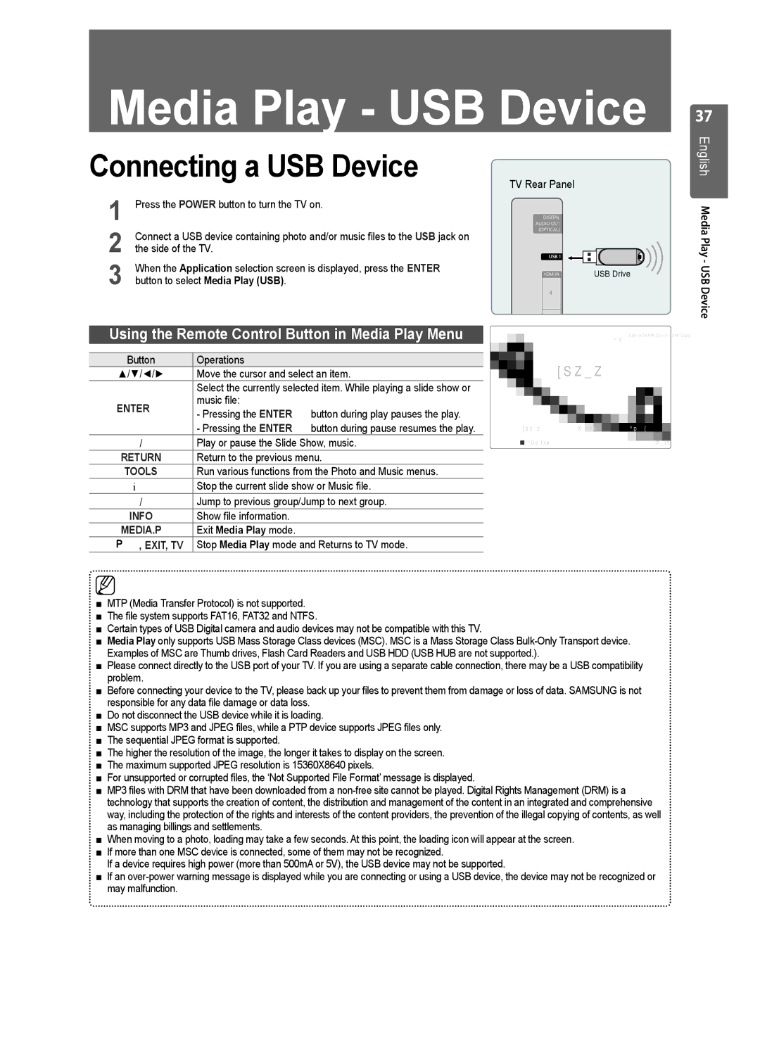 Samsung UE37B6000VWXXH, UE37B6000VWXXC Connecting a USB Device, English Media Play USB Device, ∂/∑, Exit Media Play mode 
