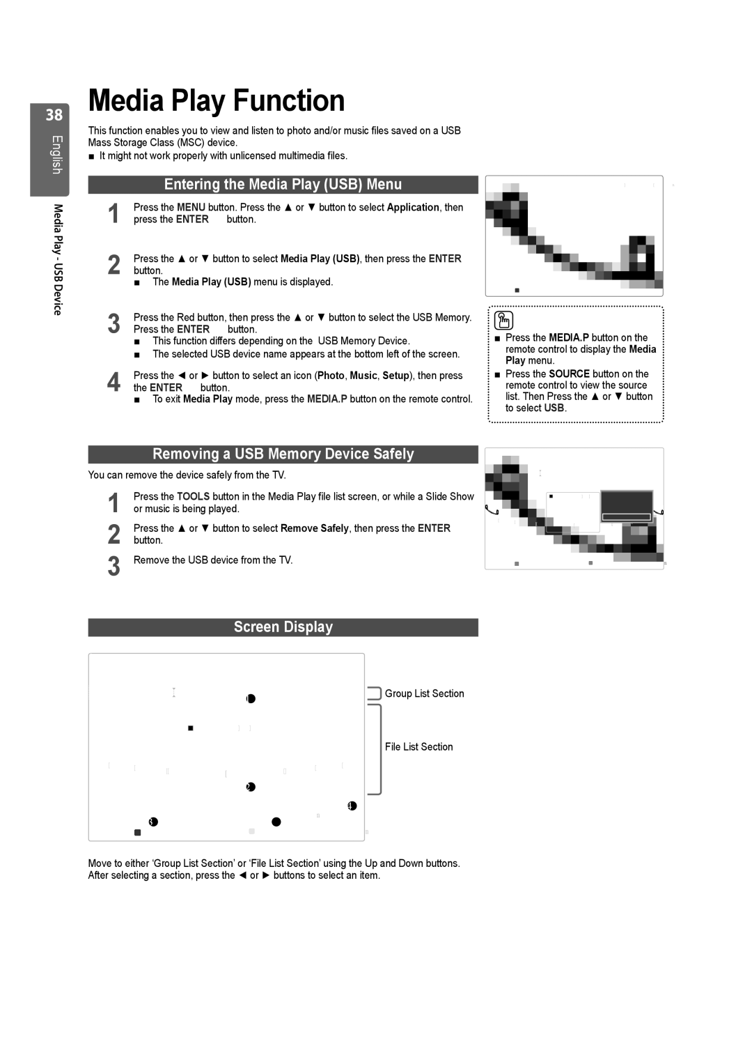 Samsung UE37B6000VWXXC, UE37B6000VWXXH Removing a USB Memory Device Safely, Screen Display, English Media Play, USB Device 