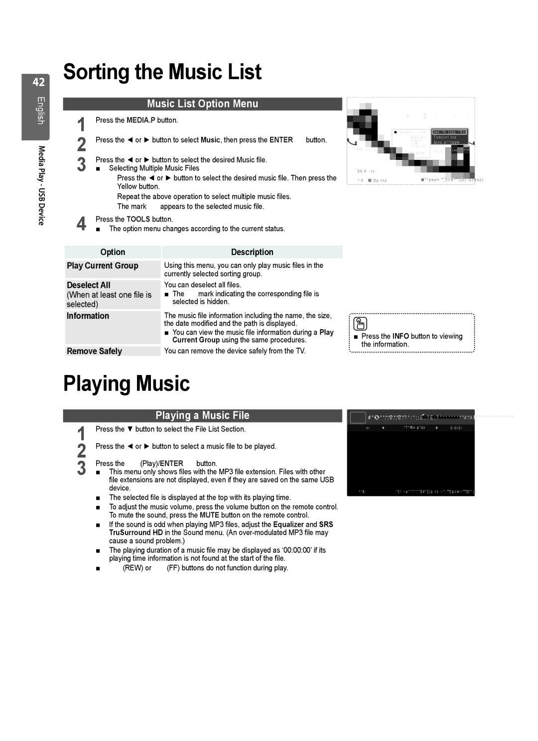 Samsung UE37B6000VWXXC, UE37B6000VWXXH Sorting the Music List, Playing Music, Music List Option Menu, Playing a Music File 