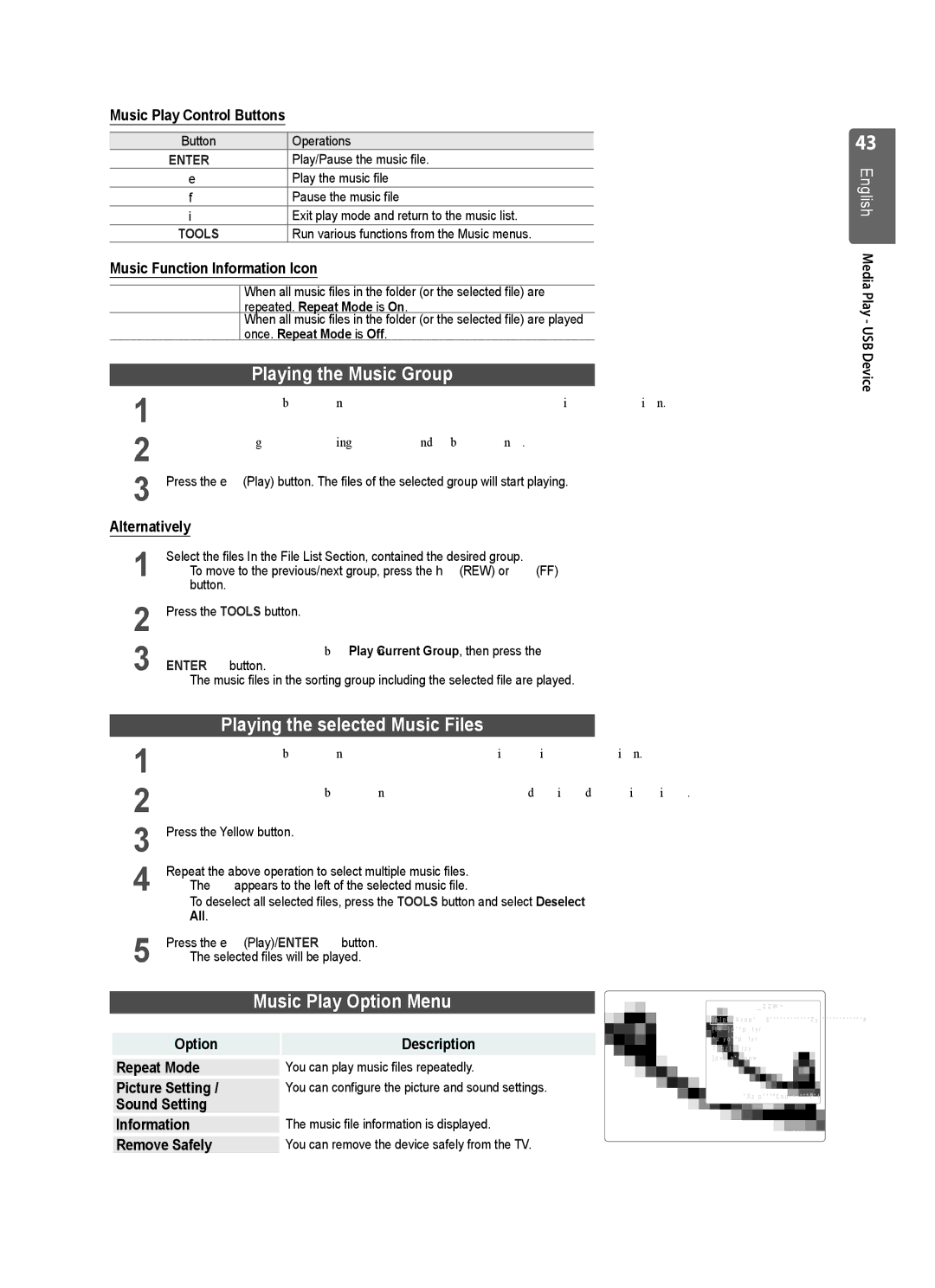 Samsung UE37B6000VWXXH, UE37B6000VWXXC Playing the Music Group, Playing the selected Music Files, Music Play Option Menu 