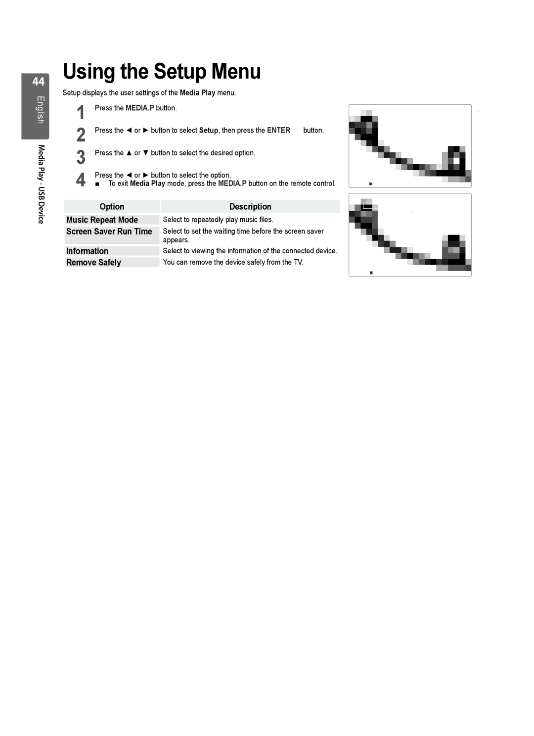 Samsung UE37B6000VWXXC, UE37B6000VWXXH Using the Setup Menu, Option Description Music Repeat Mode, Screen Saver Run Time 